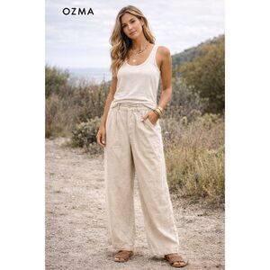 OZMA Beige Linen Wide Leg Pants Trousers  Women's Size Medium